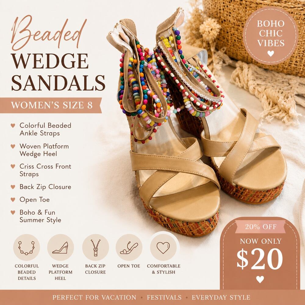 Boho Beaded Platform Wedge Sandals – Size 39 (Women’s 8/8.5) – $20